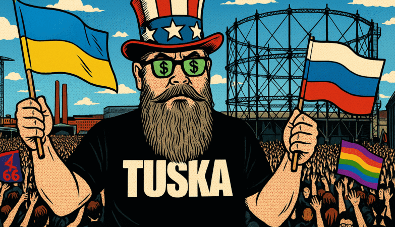 OpenAI:n Dall-E 3 -kuvaohjelman loihtima karikatyyri Tuskan pääpromoottorista Jouni Markkasesta Tuskassa pitelemässä käsissään Venäjän ja Ukrainan lippuja.