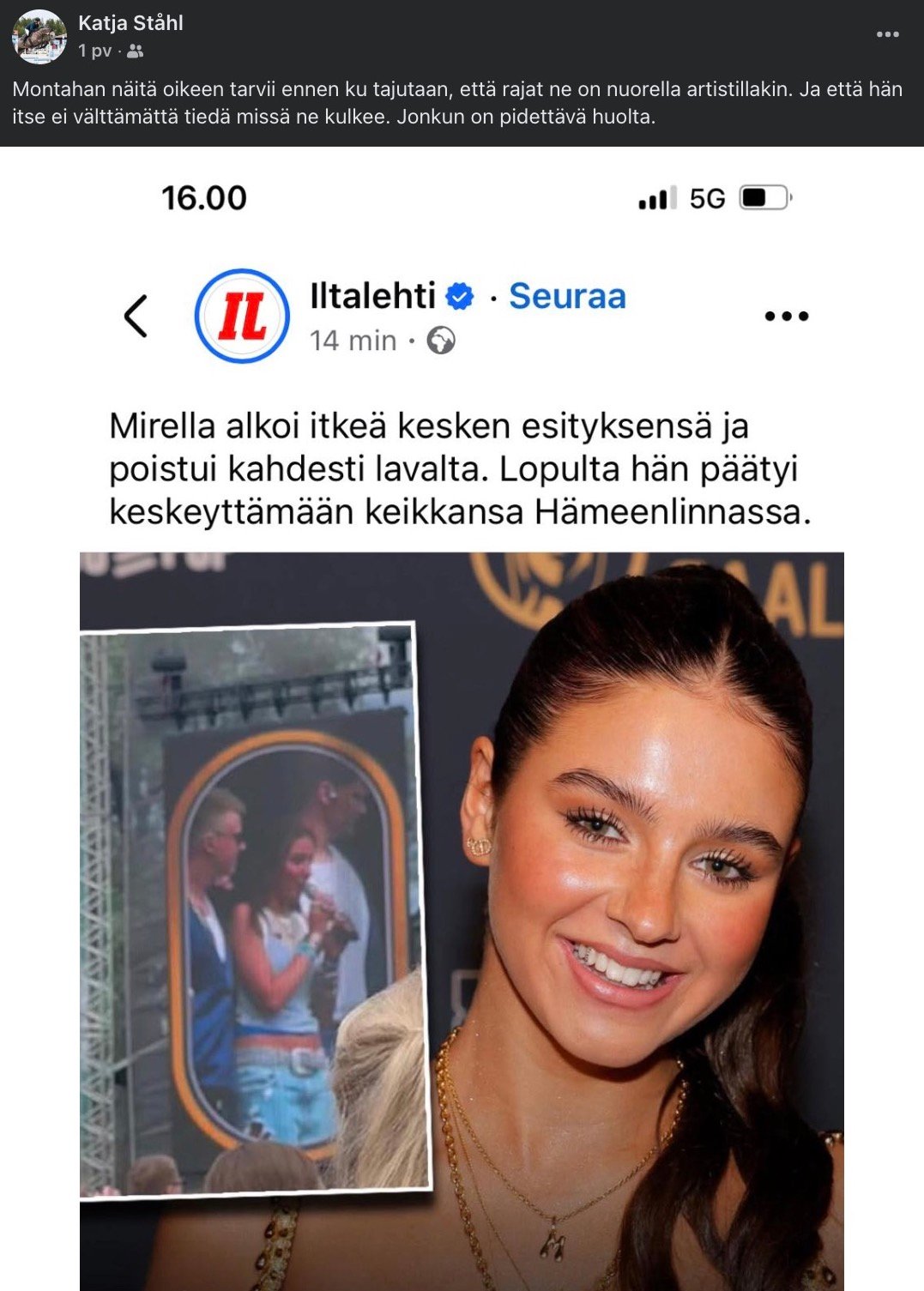 Katja Ståhl huolestui Mirellan voinnista Facebookissa.